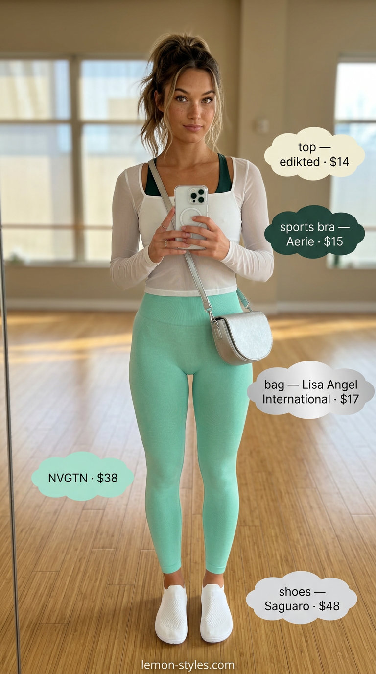 Mint green sports bra & white mesh top for Summer Pilates Outfits for Women 2026. Modern & playful gym look.
