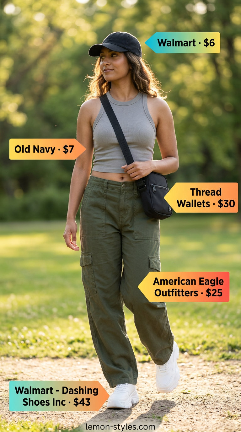 Olive green cargo pants & black crop top for Summer Pilates Outfits for Women 2026. Edgy street style.