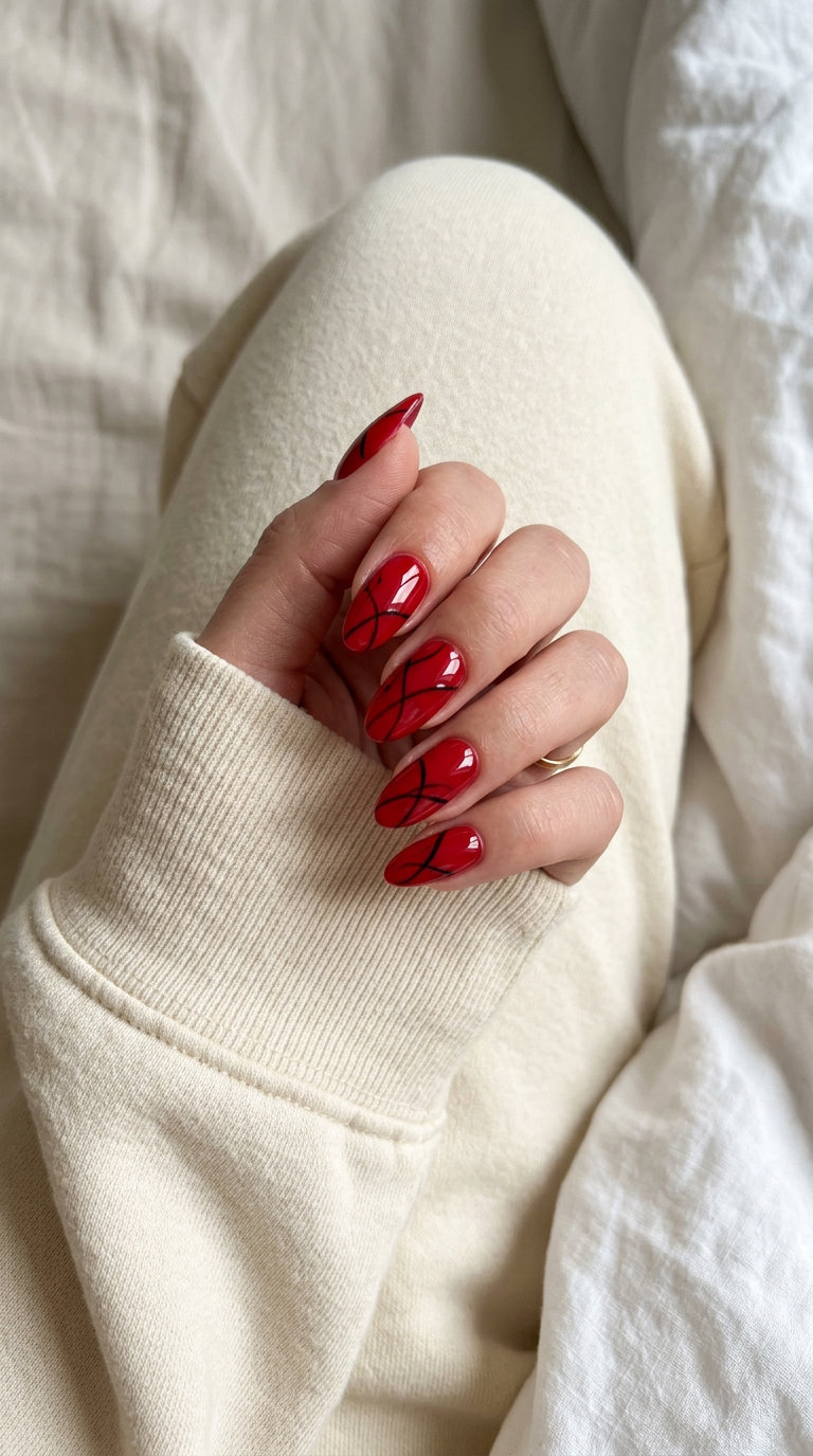 Summer Red Nails 2026: Edgy Cherry Red Abstract Nails Summer red nails 2026: Edgy cherry red almond nails with abstract black lines for date night.