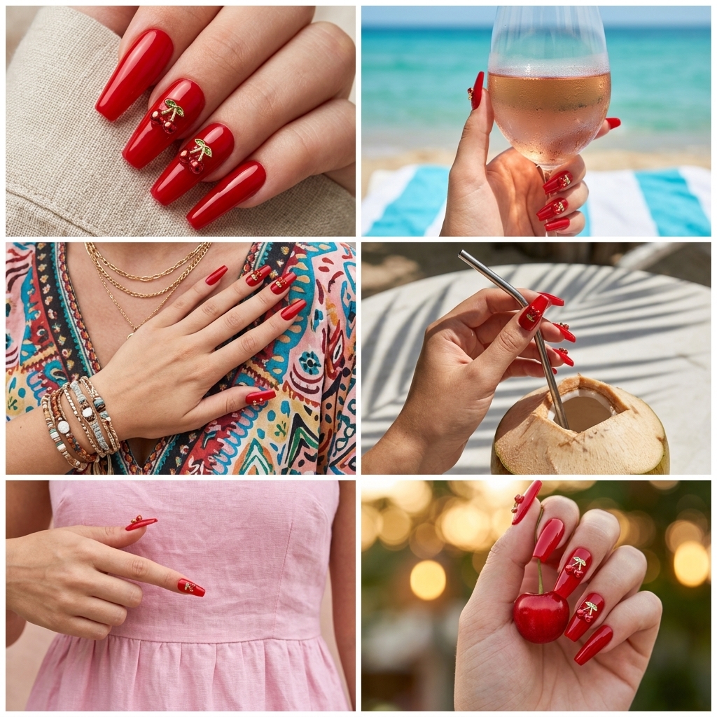 Summer Red Nails 2026: Cherry Bomb Charms Bold cherry bomb 3D charm coffin nails for a playful summer 2026 festival. Whimsical and fun.