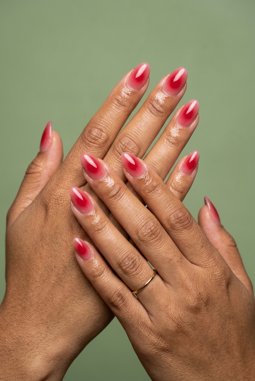 Summer Red Nails 2026: Cherry Red Aura Romantic cherry red aura almond nails for a soft summer 2026 date night. Ethereal and chic.