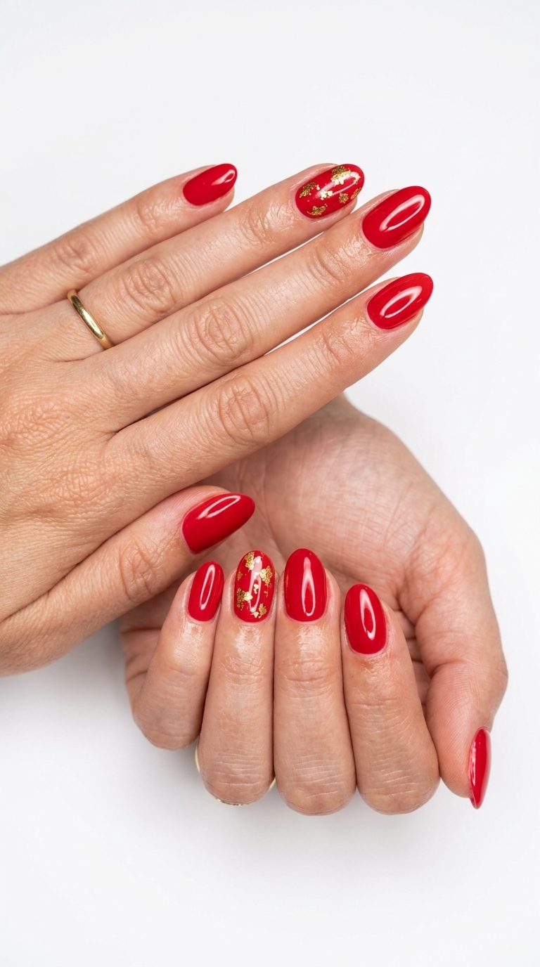 Summer Red Nails 2026: Glamorous Cherry Red Foil Nails Summer red nails 2026: Cherry red oval nails with gold foil flakes for a glamorous vacation look.