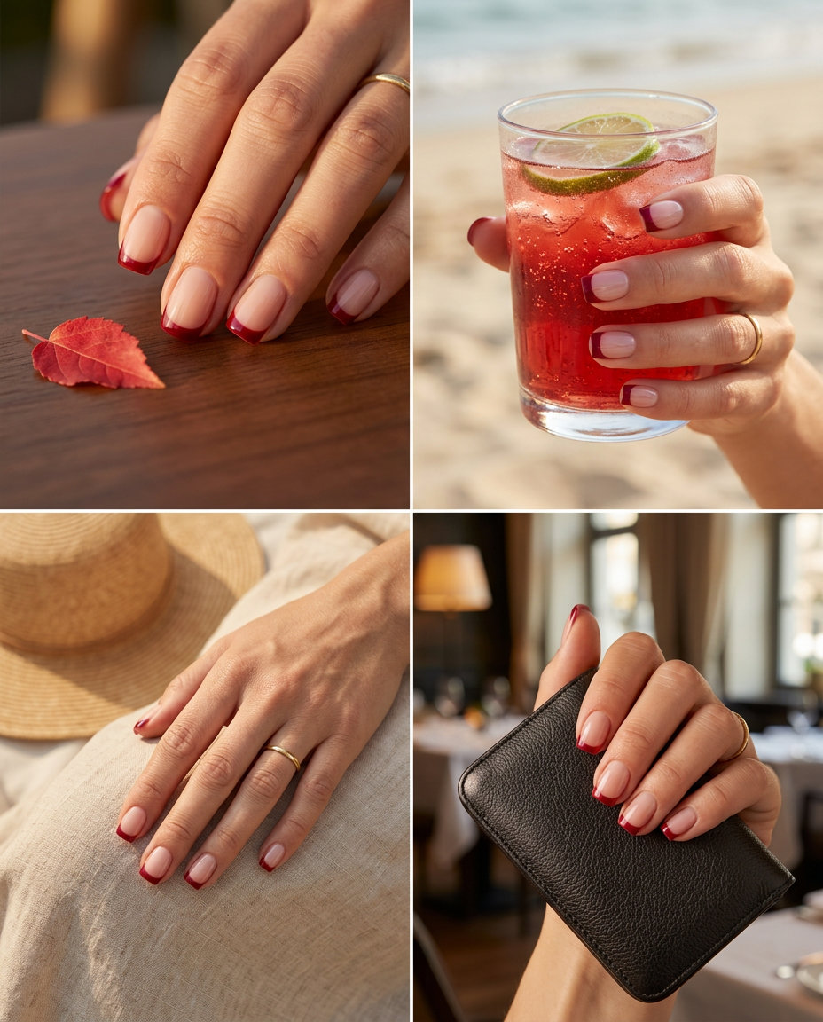 Summer Red Nails 2026: Crimson French Tip Sophisticated crimson French tip nails for classic summer 2026 office wear. Polished and chic.