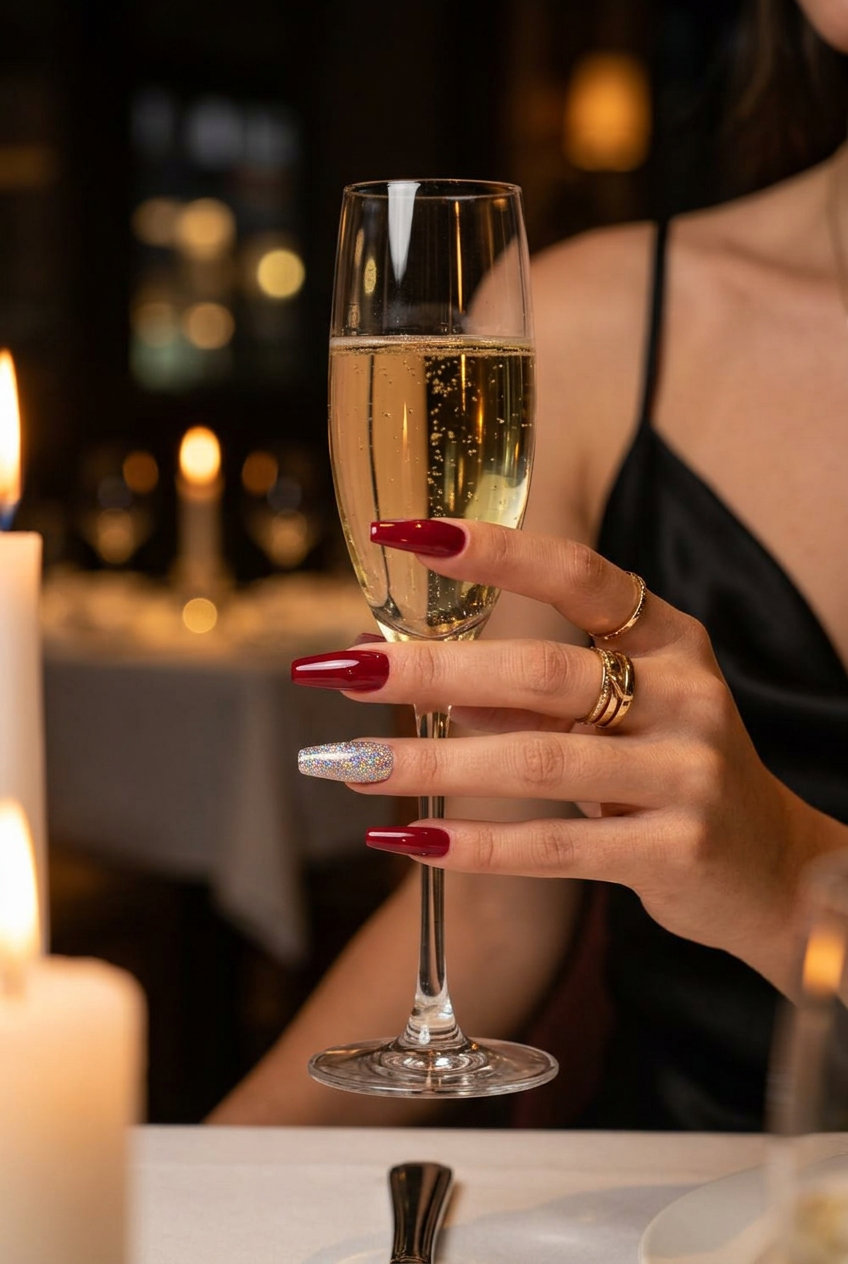 Crimson Glitter Coffin Nails 2026 Glamorous deep crimson coffin nails with glitter accent for summer red nails 2026 party outfits.