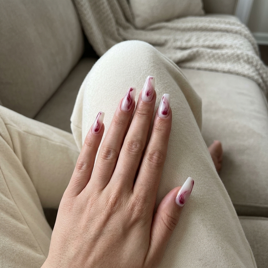 Crimson Milk Bath Coffin Nails 2026 Ethereal crimson milk bath coffin nails for summer red nails 2026 bridal shower outfits.