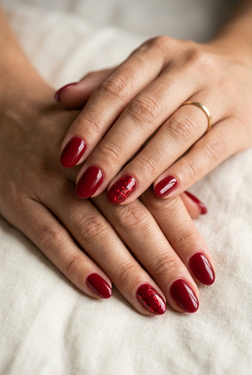 Summer Red Nails 2026: Crimson Accent Foil Chic deep crimson accent nail with red foil flakes for casual summer 2026 wear. Understated glam.