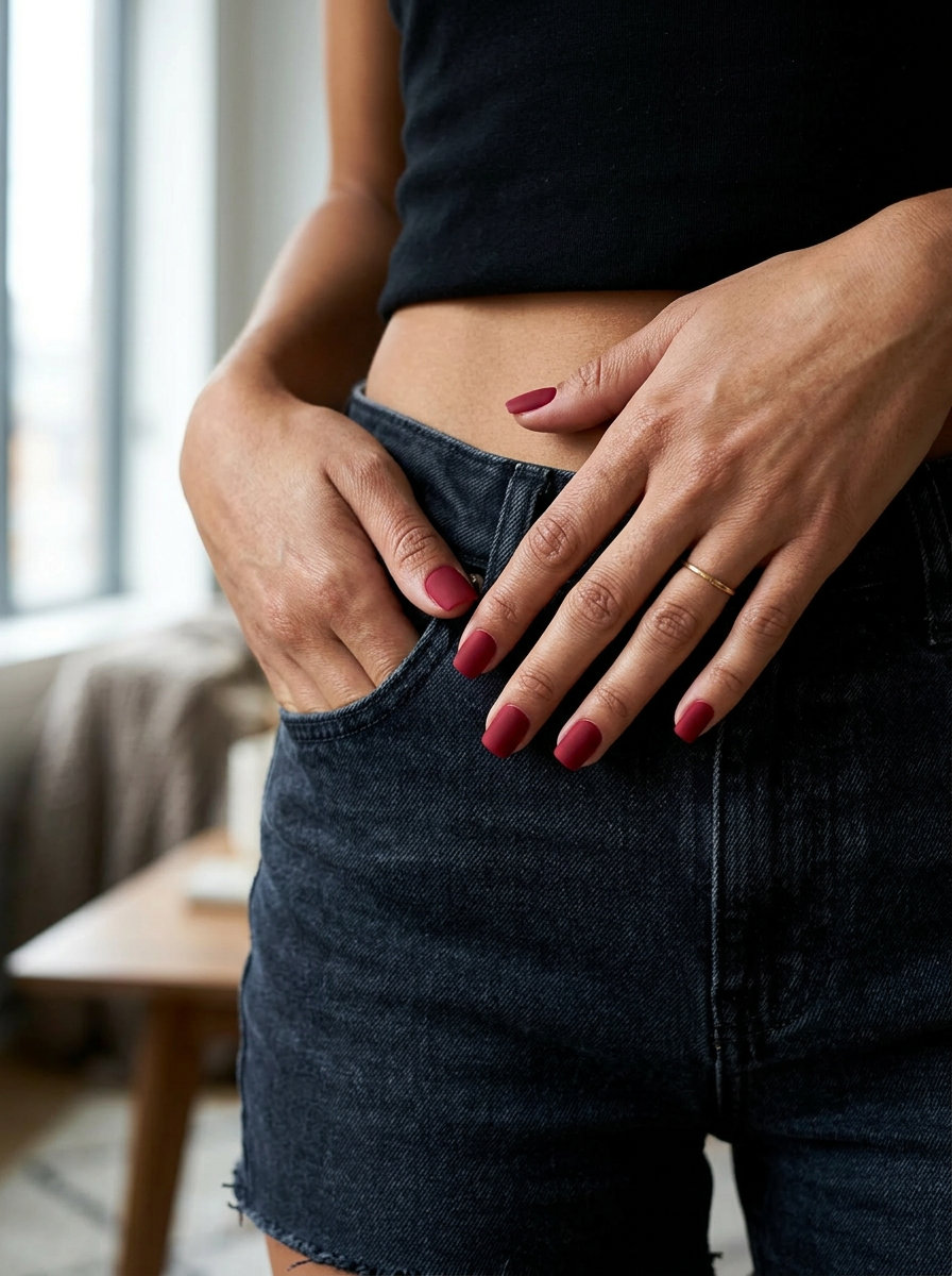 Summer Red Nails 2026: Elegant Crimson Velvet Matte Nails Summer red nails 2026: Sophisticated deep crimson velvet matte square nails for daily wear.