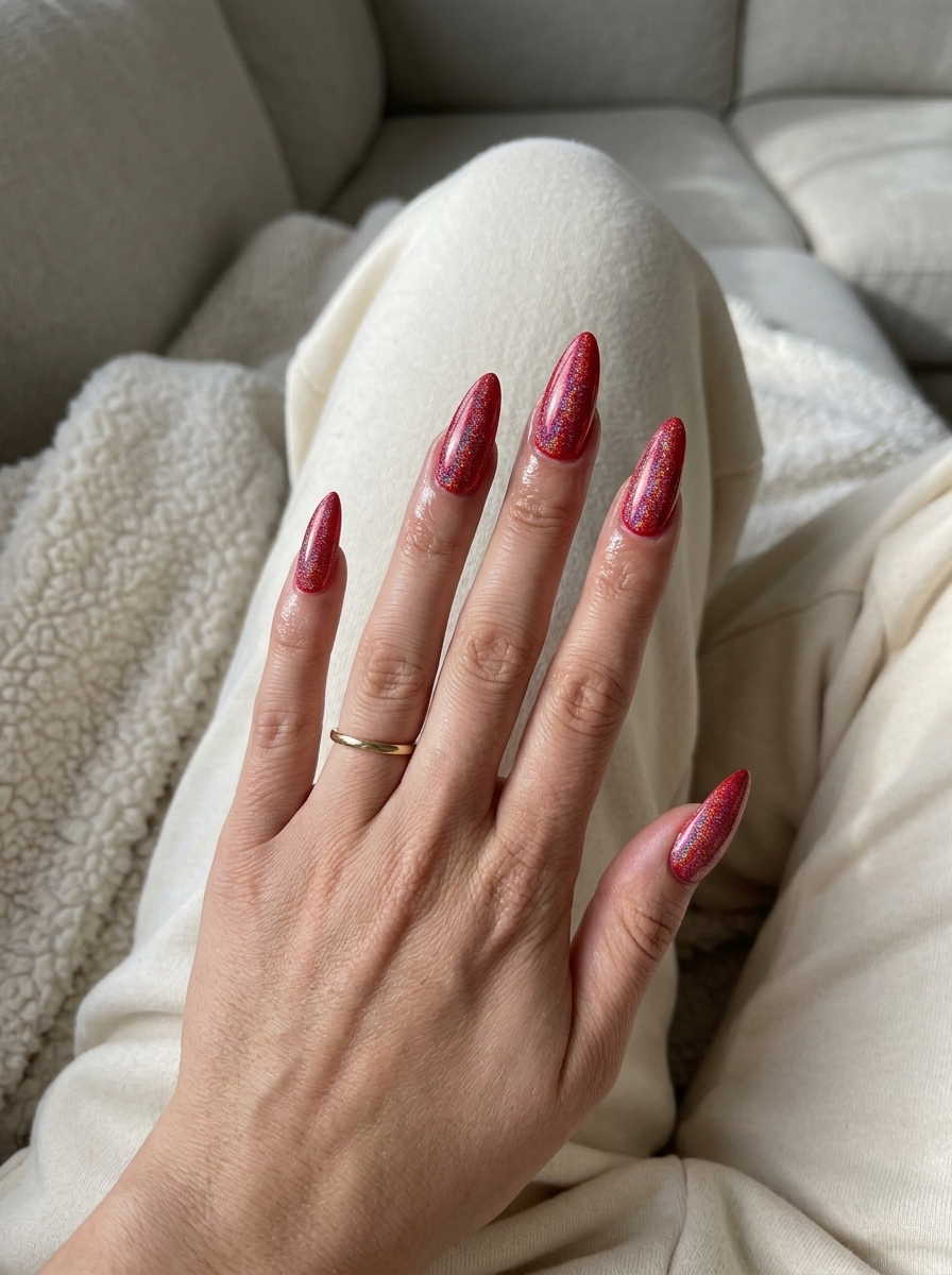 Summer Red Nails 2026: Dazzling Holographic Red Stilettos Summer red nails 2026: Dazzling true red stiletto nails with holographic shimmer for parties.
