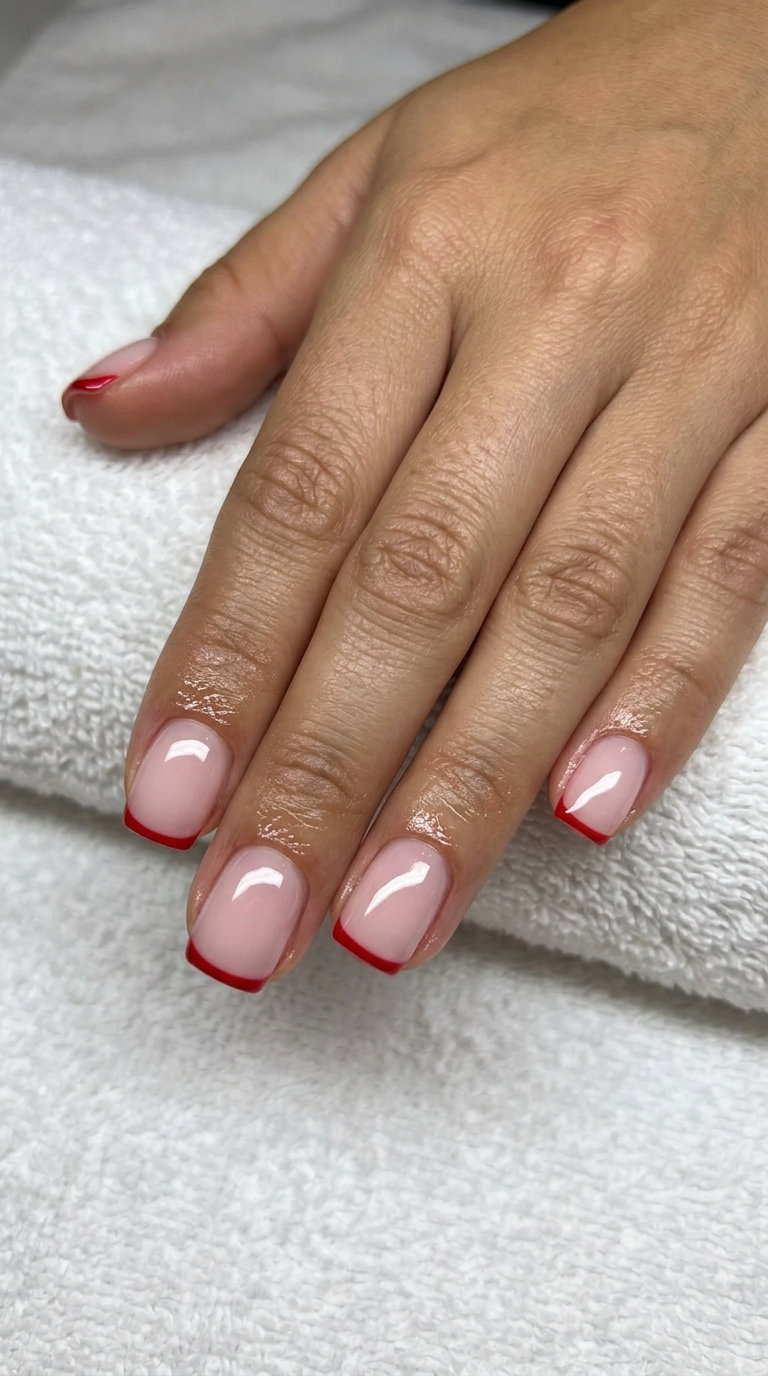 Summer Red Nails 2026: True Red Micro French Clean-girl true red micro French square nails for minimalist summer 2026 office wear. Polished.