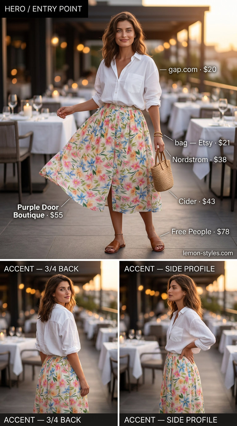 Floral midi skirt outfit for summer sunset dinner outfits 2026. Feminine, chic, with white shirt and tan sandals.