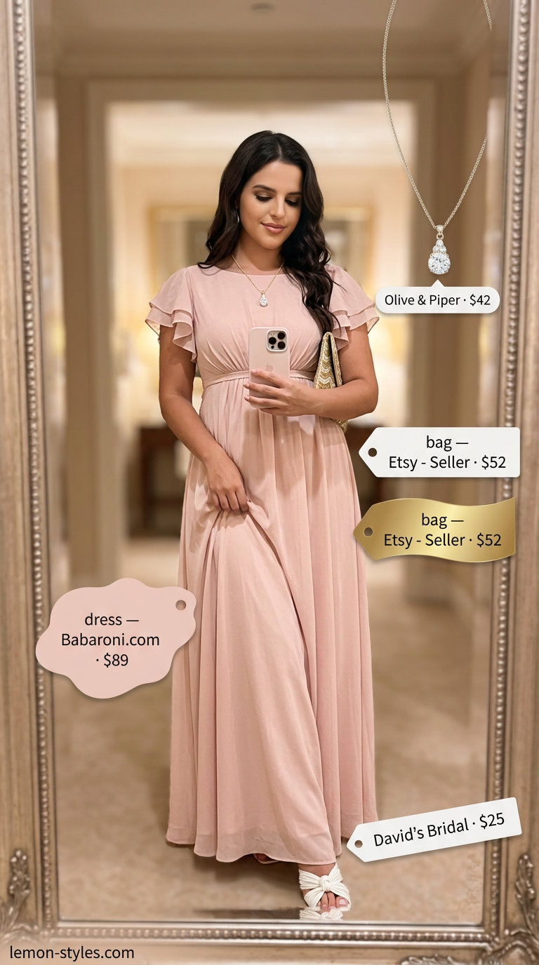 Summer sunset dinner outfit: Blush pink maxi dress, ivory flat sandals, gold pendant necklace, and embellished clutch. Romantic & feminine.