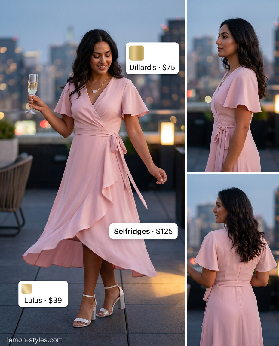 Blush pink wrap dress for seaside summer sunset dinner outfits 2026. Romantic feminine style.