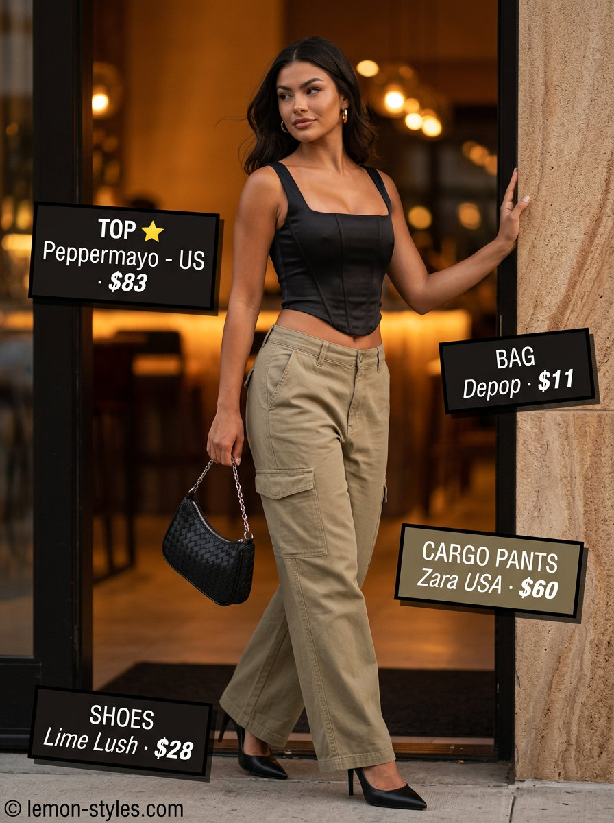 Summer sunset dinner outfit: Khaki cargo pants, black corset top, black heels, and silver chain. Edgy & fashionable.
