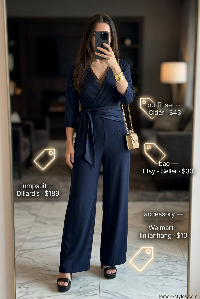Navy blue wide-leg jumpsuit for summer sunset dinner outfits 2026. Sophisticated, modern, for city cocktail party.