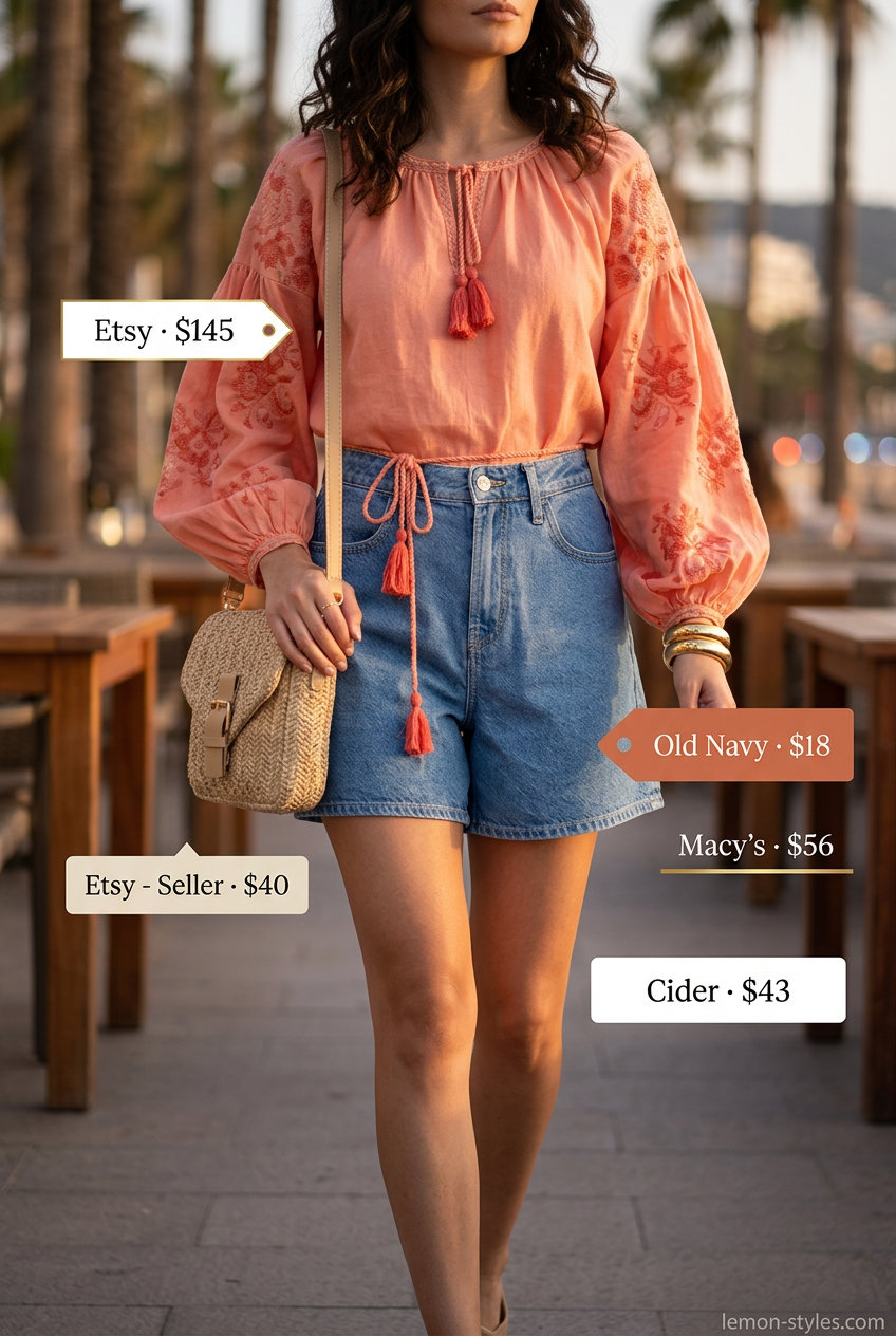 Summer sunset dinner outfit: Denim shorts, coral peasant blouse, leather sandals, straw bag, and bangles. Relaxed & casual.