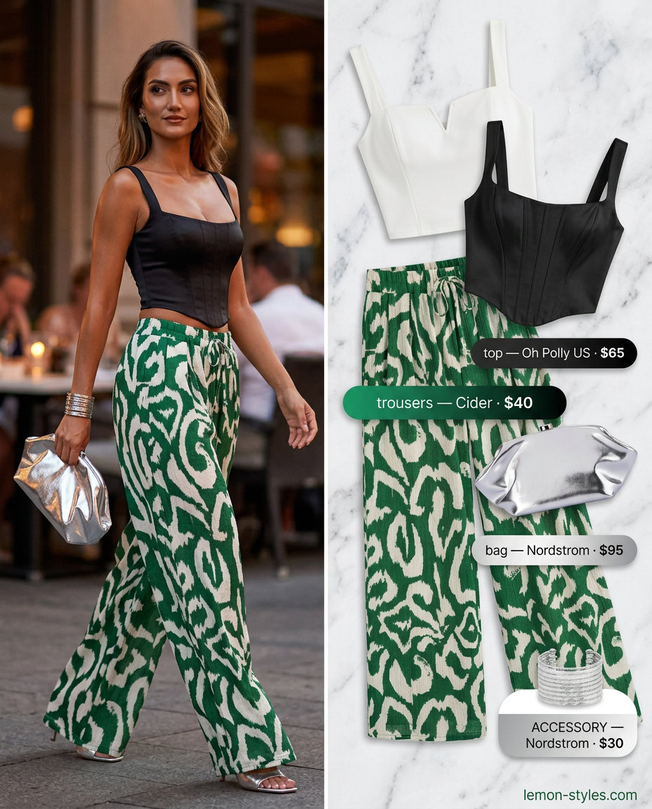 Summer sunset dinner outfit: Emerald satin slip skirt, black corset top, silver heels, and metallic clutch. Sophisticated & glamorous.
