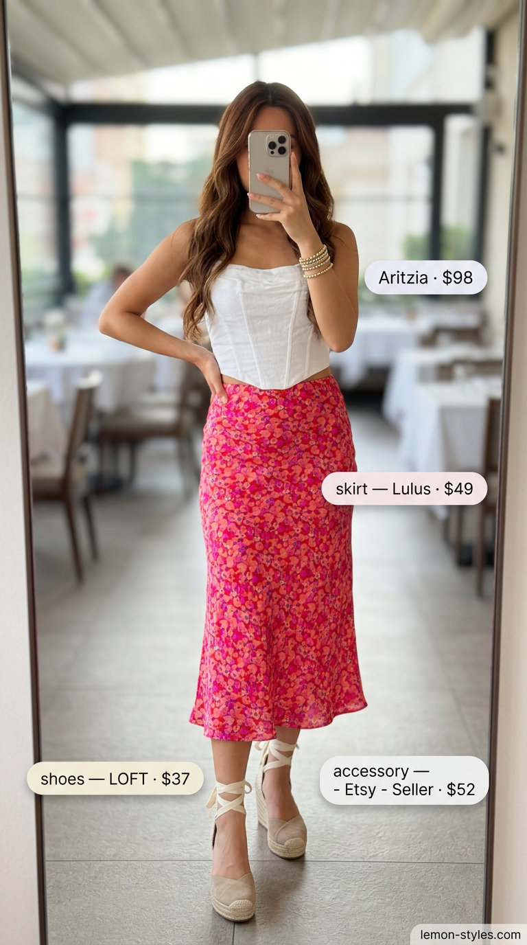 Summer sunset dinner outfit: Coral/fuchsia floral midi skirt, white linen shirt, straw tote, and espadrilles. Playful & vibrant.