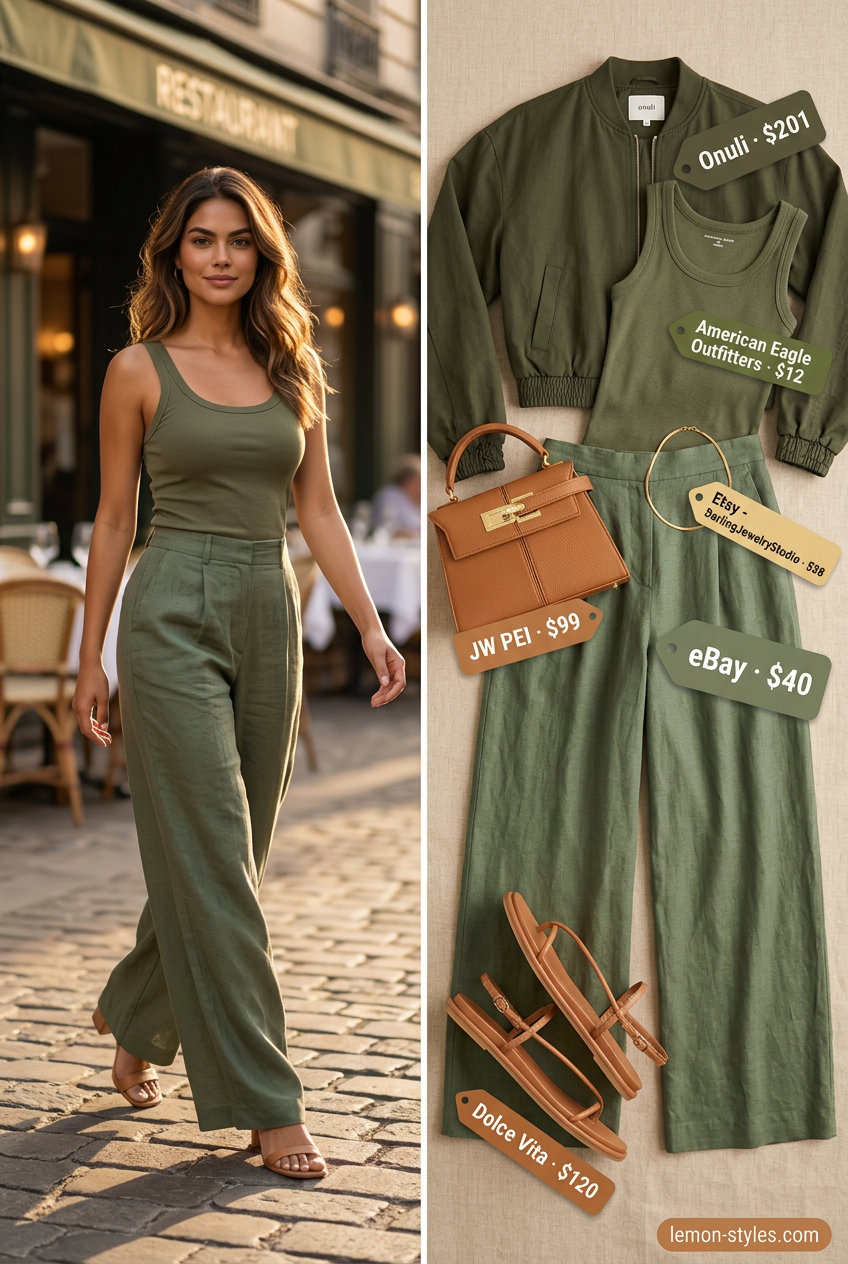 Sage green linen trousers for summer sunset dinner outfits 2026. Relaxed, chic, comfortable for outdoor dinner.