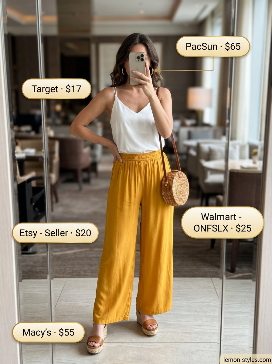 Goldenrod wide-leg pants for effortless summer sunset dinner outfits 2026. Chic resort wear.