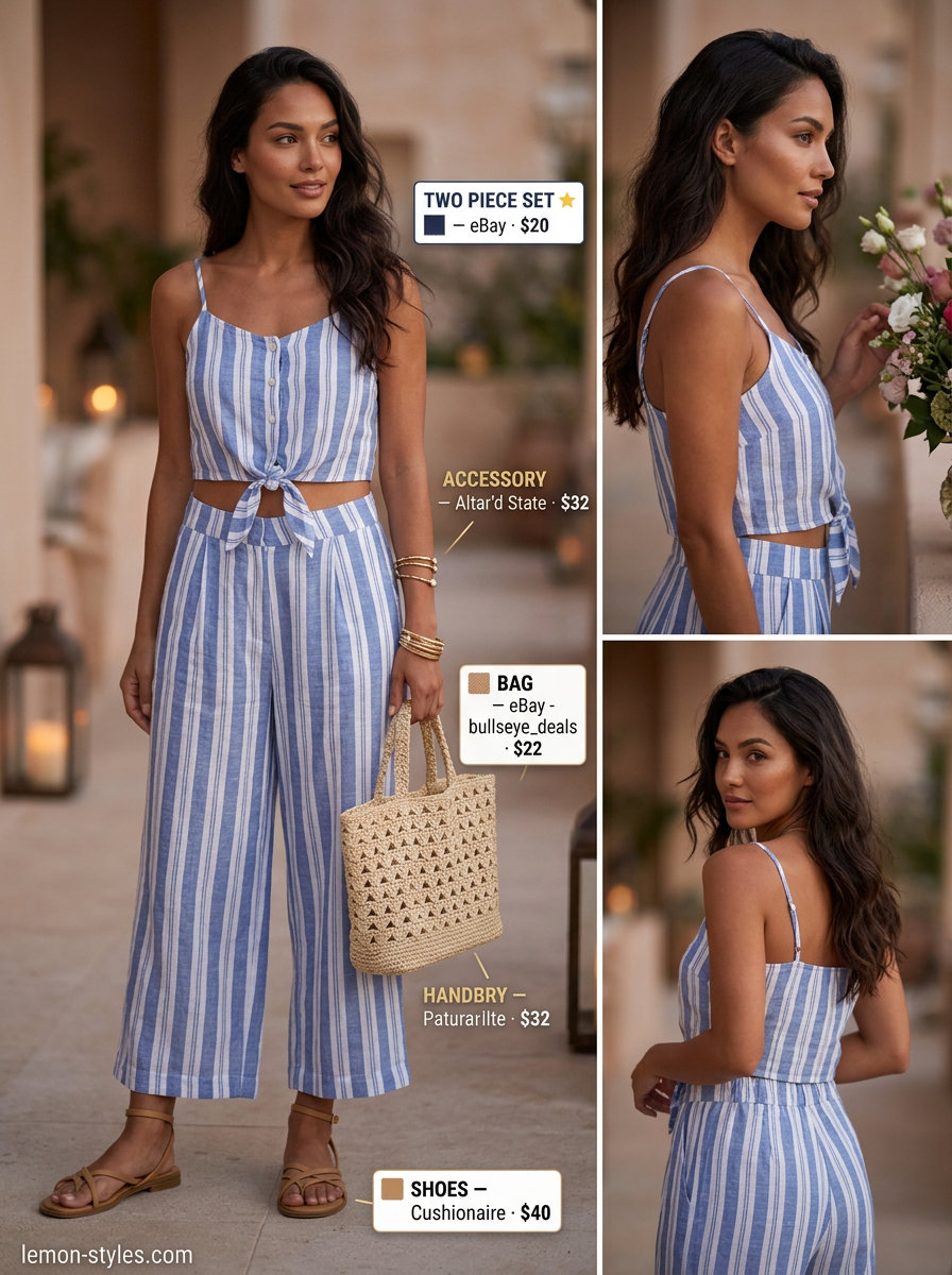 Blue and white stripe co-ord set for summer sunset dinner outfits 2026. Relaxed, chic, vacation resort wear.