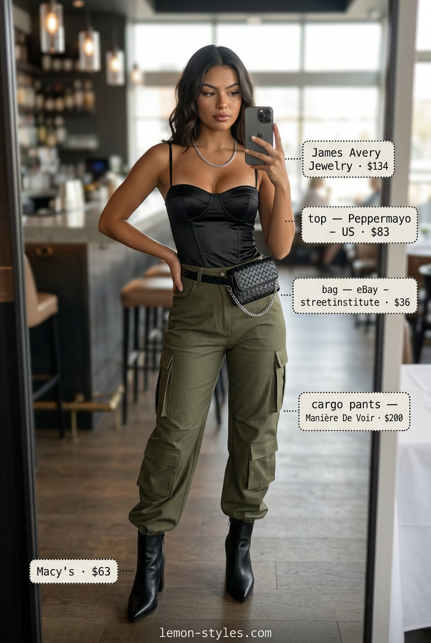Olive green cargo pants for trendy summer sunset dinner outfits 2026. Edgy night out style.