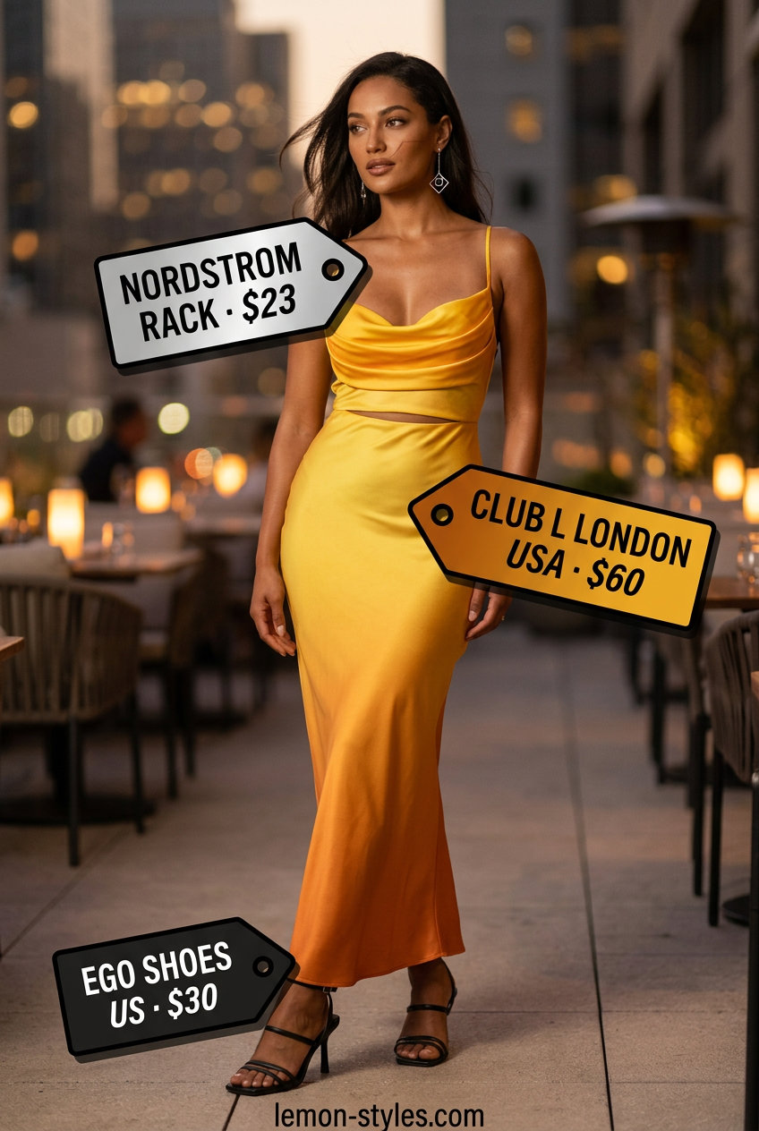 Summer sunset dinner outfit: Yellow-orange ombre slip dress, black heels, silver mini bag, and drop earrings. Glamorous & trendy.