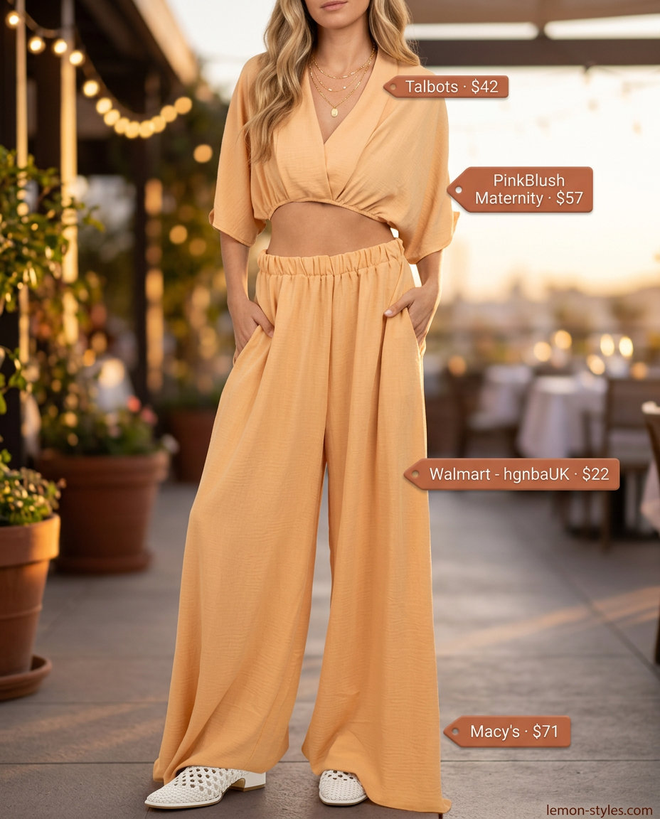 Peach linen set for summer sunset dinner outfits 2026. Effortless al fresco dining look with gold jewelry.