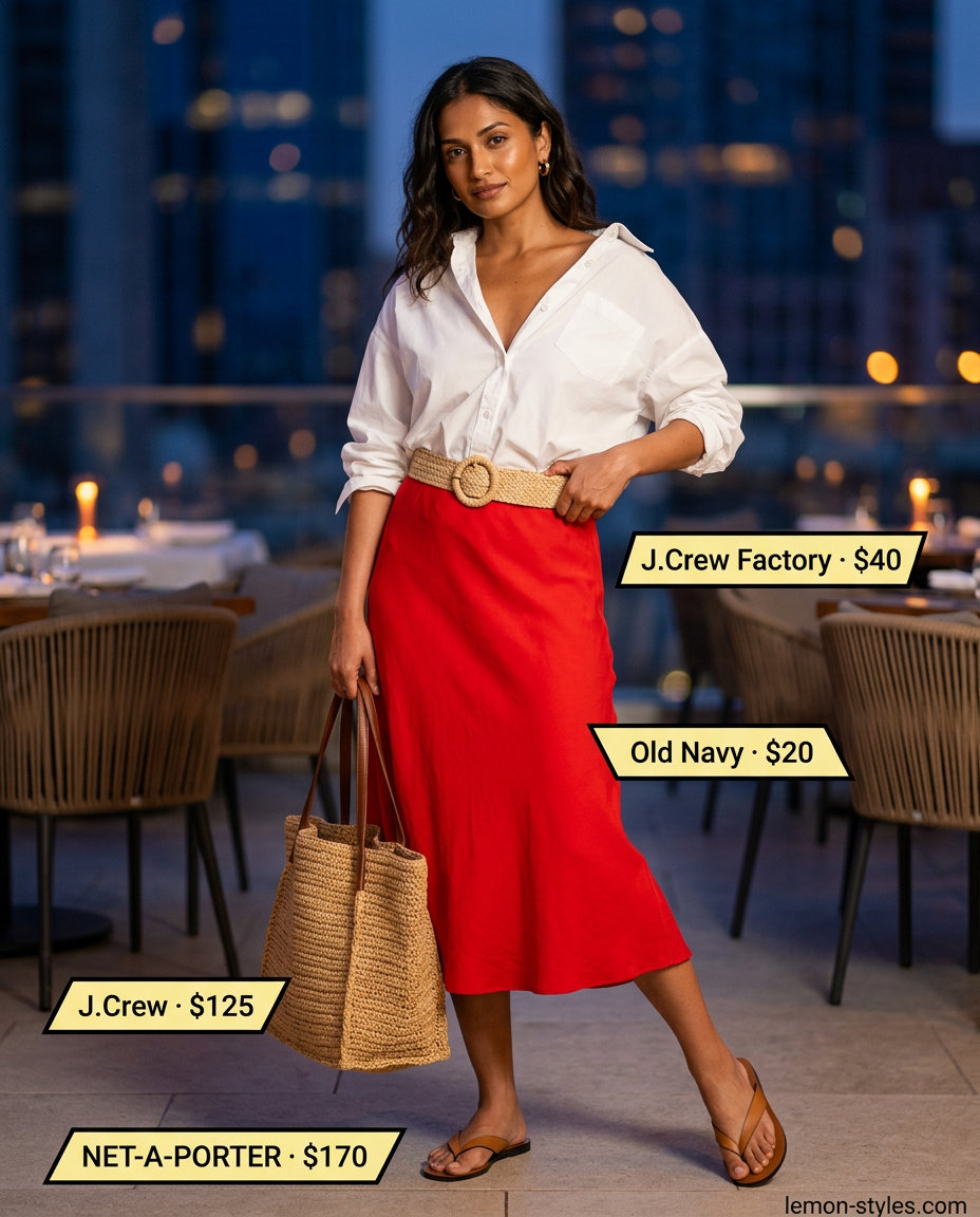 Summer sunset dinner outfit: Red midi skirt, oversized white shirt, woven belt, flat sandals, and straw tote. Bold & fresh.