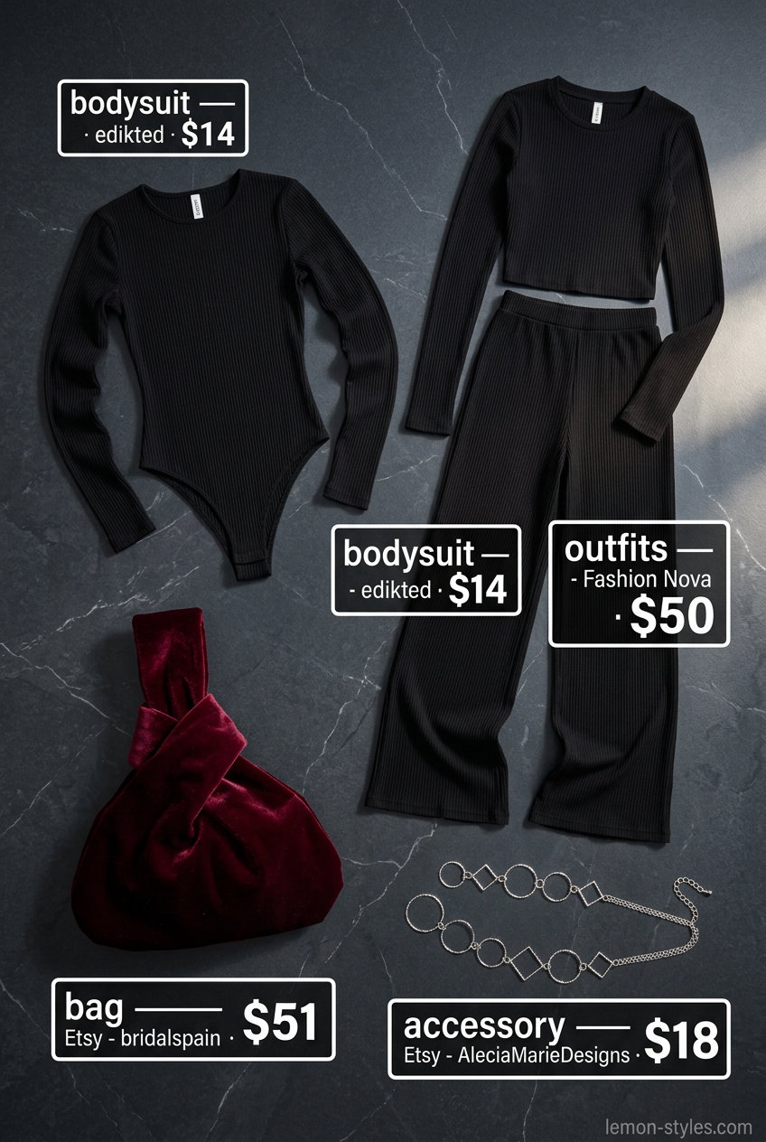 Summer sunset dinner outfit: Black satin cargo pants, fitted bodysuit, metallic sandals, and burgundy clutch. Edgy & modern.