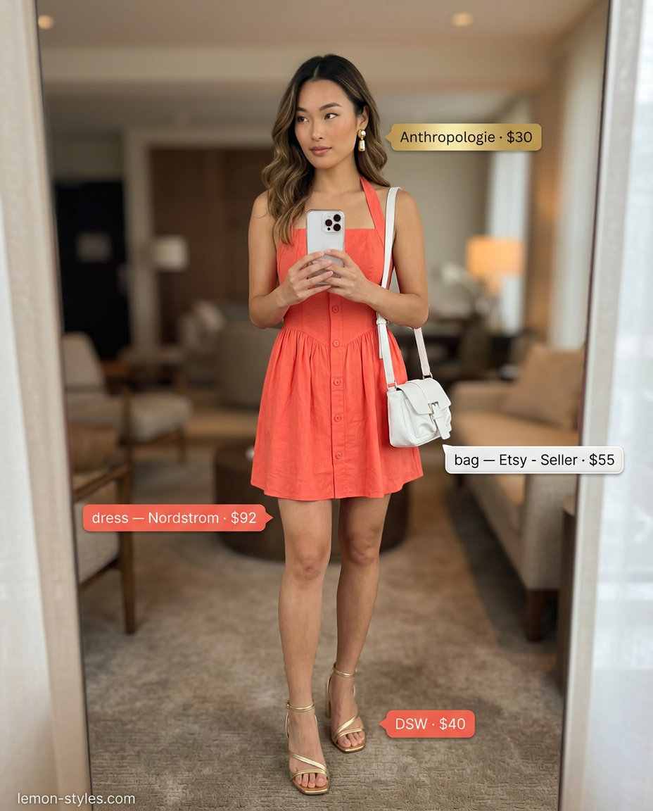 Coral halter mini dress for summer sunset dinner outfits 2026. Playful, chic, with gold sandals and statement earrings.