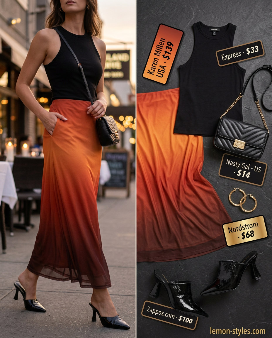Ombre sunset midi skirt outfit for summer sunset dinner outfits 2026. Sophisticated, vibrant, with black knit top.