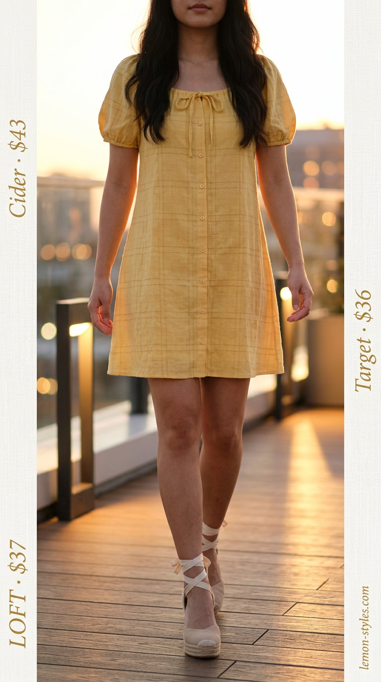 Bright yellow mini dress for summer sunset dinner outfits 2026. Fun, playful, with espadrille wedges and straw bag.