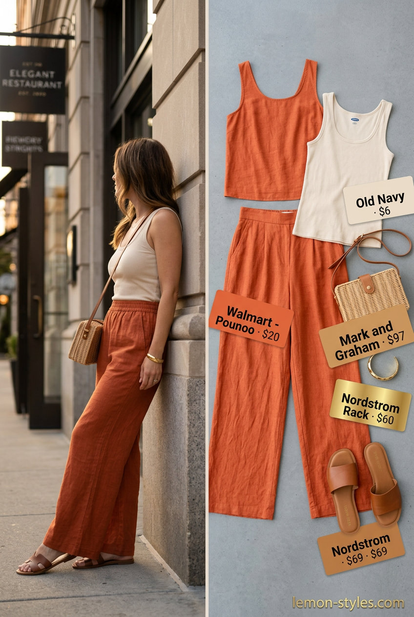Terracotta linen pants for relaxed summer sunset dinner outfits 2026. Chic comfortable style.