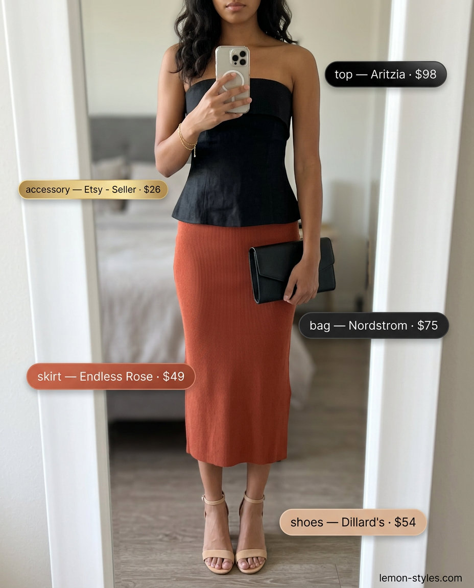 Summer sunset dinner outfit: Terracotta midi skirt, black knit top, nude sandals, and gold bracelet. Chic & sophisticated.