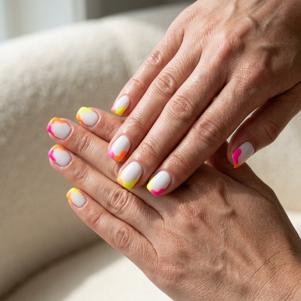Summer Vibes Nails 2026: Abstract Neon French Abstract Neon Blob French nails for summer vibes nails 2026: playful neon pink, orange, yellow tips on white.