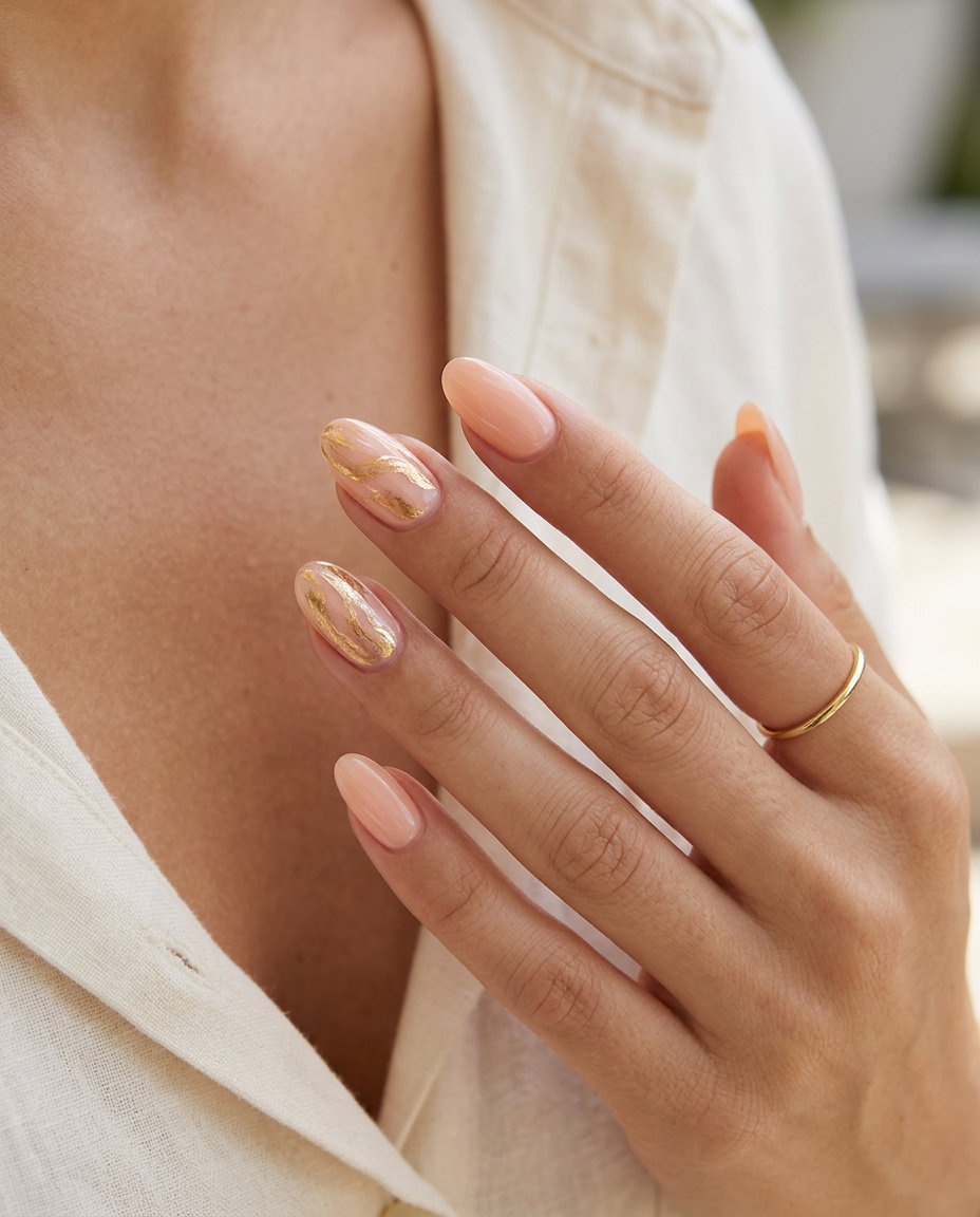 Bohemian Peach Gold Swirl Nails 2026 Bohemian Peach & Gold Swirl nails for summer vibes nails 2026, ideal for casual weekends.