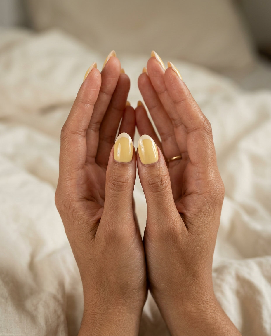 Summer Vibes Nails 2026: Butter Yellow French Butter Yellow Creamy Oval French nails for summer vibes nails 2026: romantic sunny yellow with white tips.