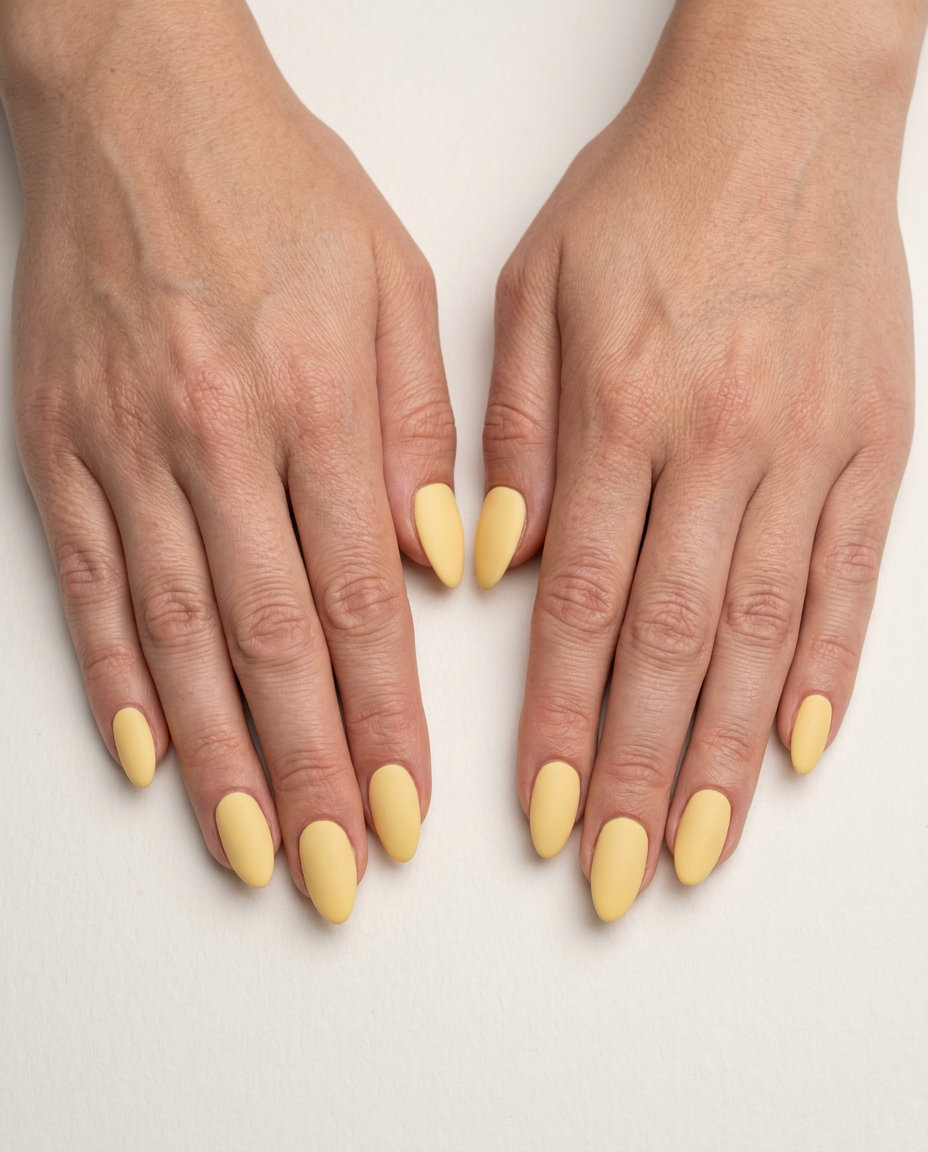Matte Butter Yellow Nails 2026: Cheerful Chic Butter Yellow Matte Sunshine nails for summer vibes nails 2026, chic for work.