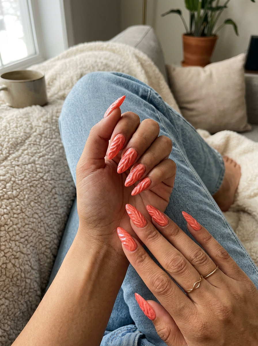 Coral Reef Stiletto Nails 2026: Bold & Exotic Coral Reef Textured Stiletto nails: vivid coral with sandy beige undertones and iridescent flecks for vacation, festivals. Summer vibes nails 2026.