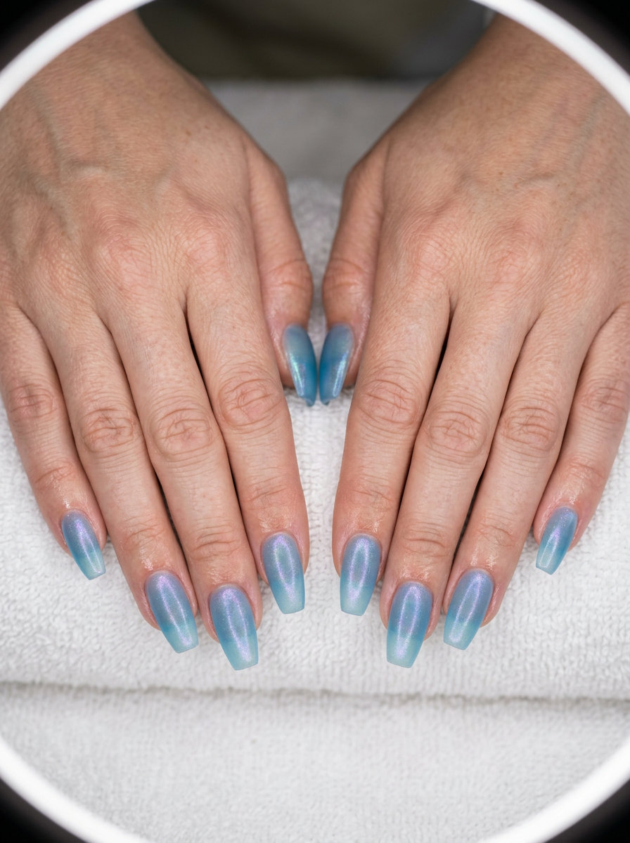 Frosted Ocean Glass Coffin Nails 2026: Ethereal & Cool Frosted Ocean Glass Coffin nails: frosted translucent blue with subtle iridescence for evening events, date nights. Summer vibes nails 2026.