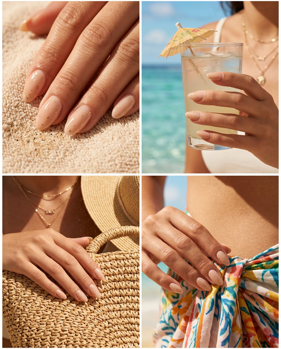 Glitter Gold Dot Almond Nails 2026: Glamorous & Festive Glitter Gold Dot Almond nails: soft nude with glitter gold dots for parties, holidays, date nights. Summer vibes nails 2026.