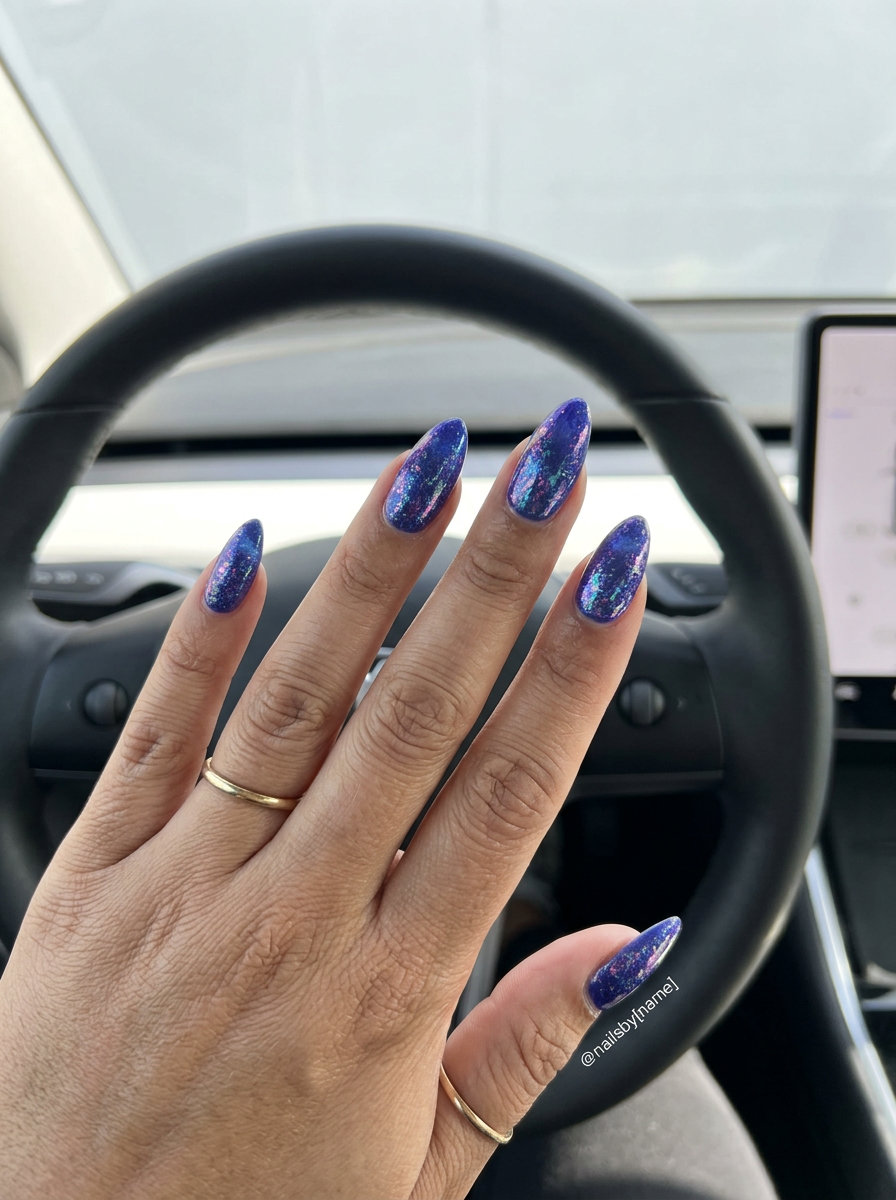 Aurora Flake Almond Nails 2026: Futuristic Glam Iridescent Aurora Flake Almond nails for summer vibes nails 2026, glamorous for parties.