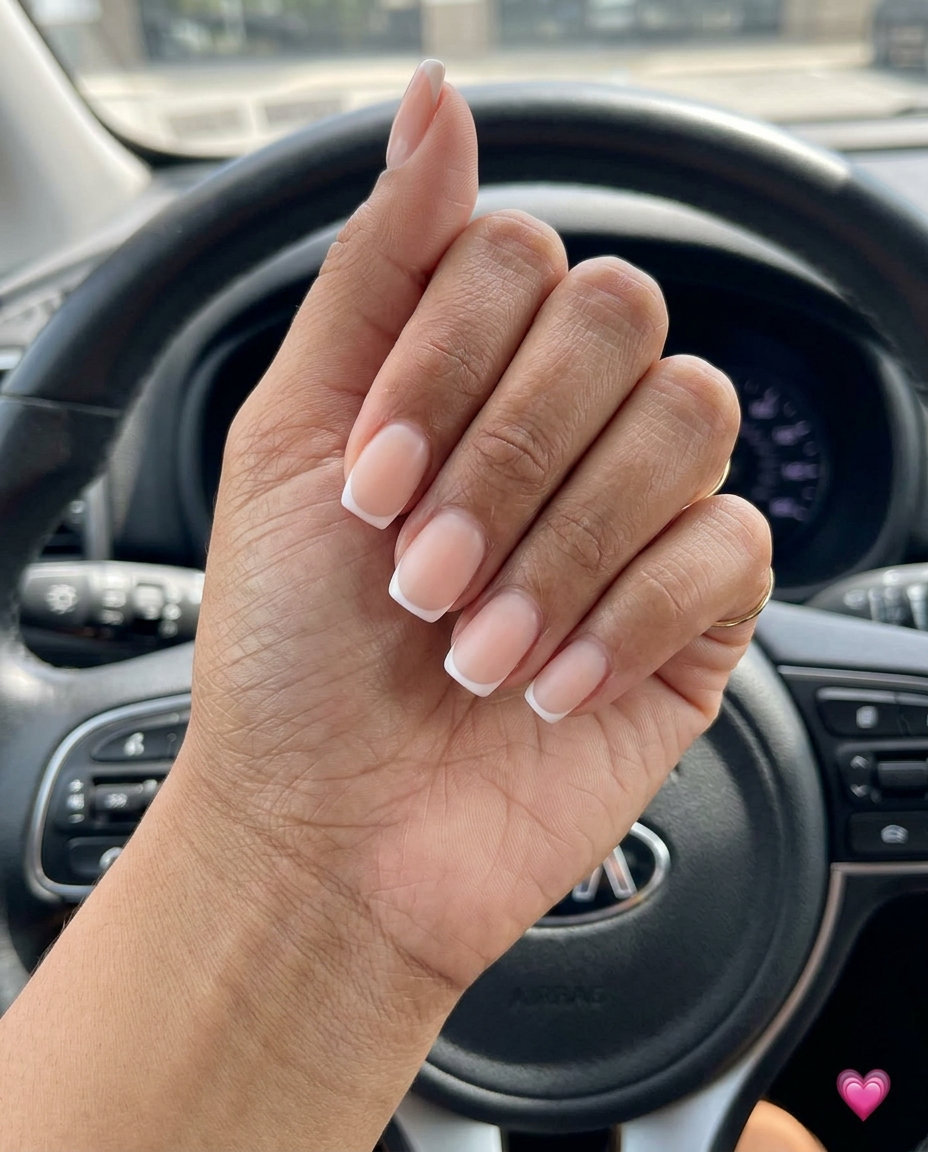 Summer Vibes Nails 2026: Minimalist Peach French Minimalist Peach Micro French nails for summer vibes nails 2026: chic sheer peach with soft white tips.