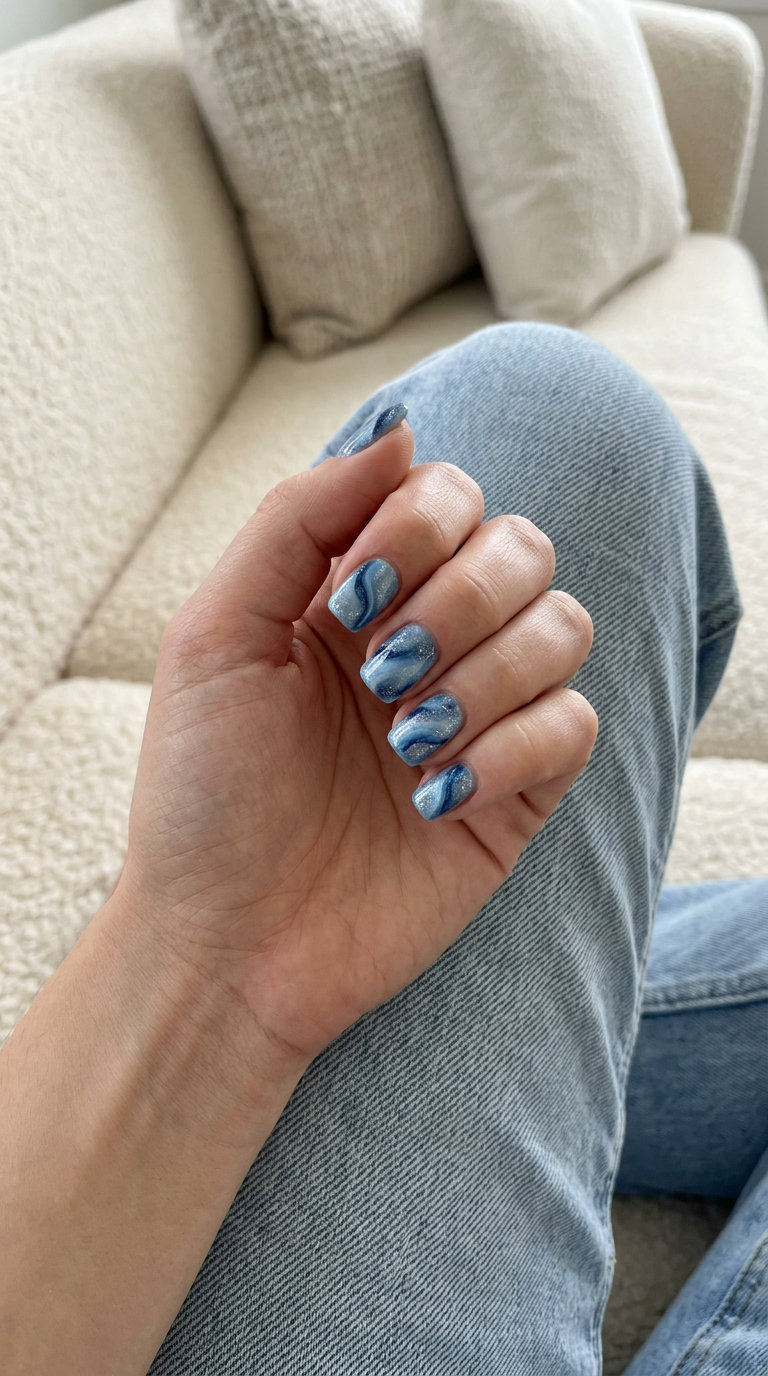 Shimmering Blue Marble Square Nails 2026: Sophisticated & Calm Shimmering Blue Marble Square nails: shimmering blue, navy, white with silver shimmer for daily, work, casual outings. Summer vibes nails 2026.