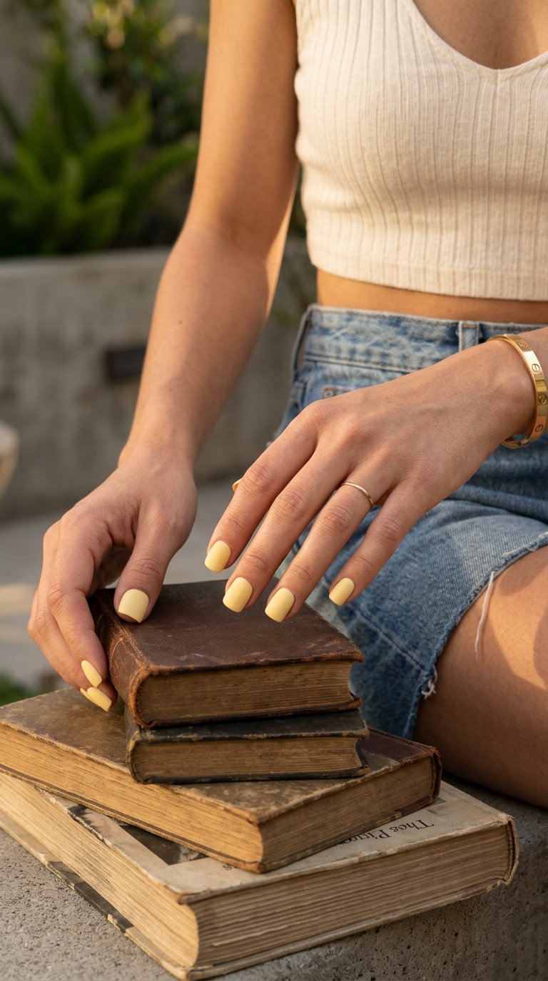 Sunny Day Matte Nails 2026: Cheerful & Modern Sunny Day Matte Square nails: soft butter yellow with matte finish for daily, brunch, casual outings. Summer vibes nails 2026.