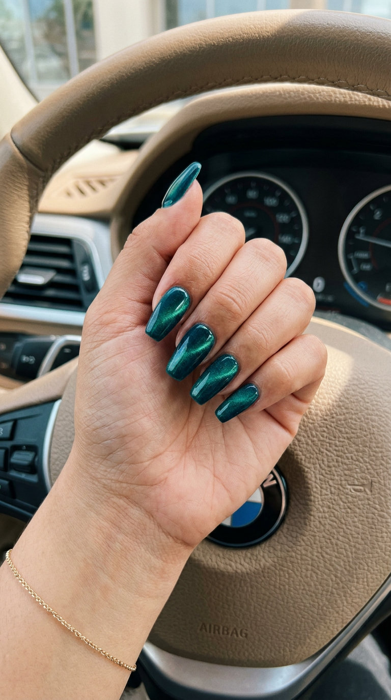Summer Vibes Nails 2026: Velvet Teal Cat-Eye Velvet Teal Cat-Eye Coffin nails for summer vibes nails 2026: sultry deep teal with emerald green shimmer.