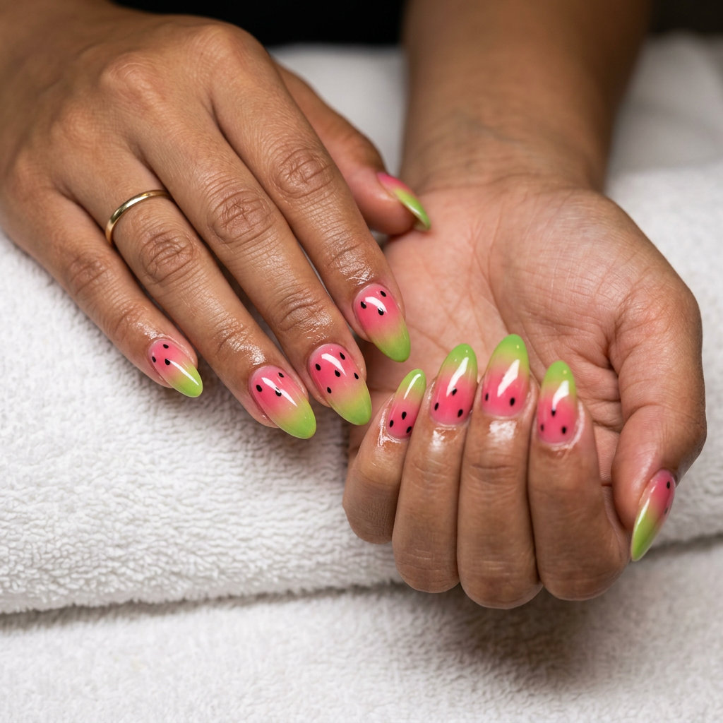 Watermelon Slice Ombre Almond nails: bright pink to lime green with white seeds for vacation, summer parties. Summer vibes nails 2026.