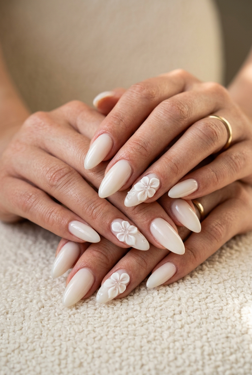 Milky white builder gel with 3D floral accents for summer wedding 2026. Romantic, elegant bridal style.