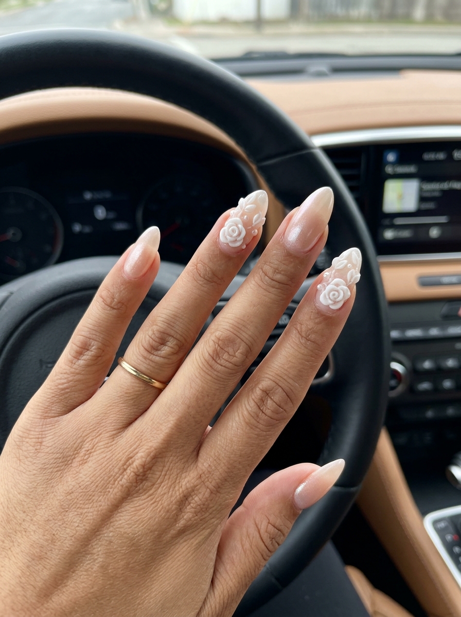Summer Wedding Nails 2026: Romantic 3D Floral Garden 3D white floral garden nails for summer wedding nails 2026. Romantic, artistic long almond.