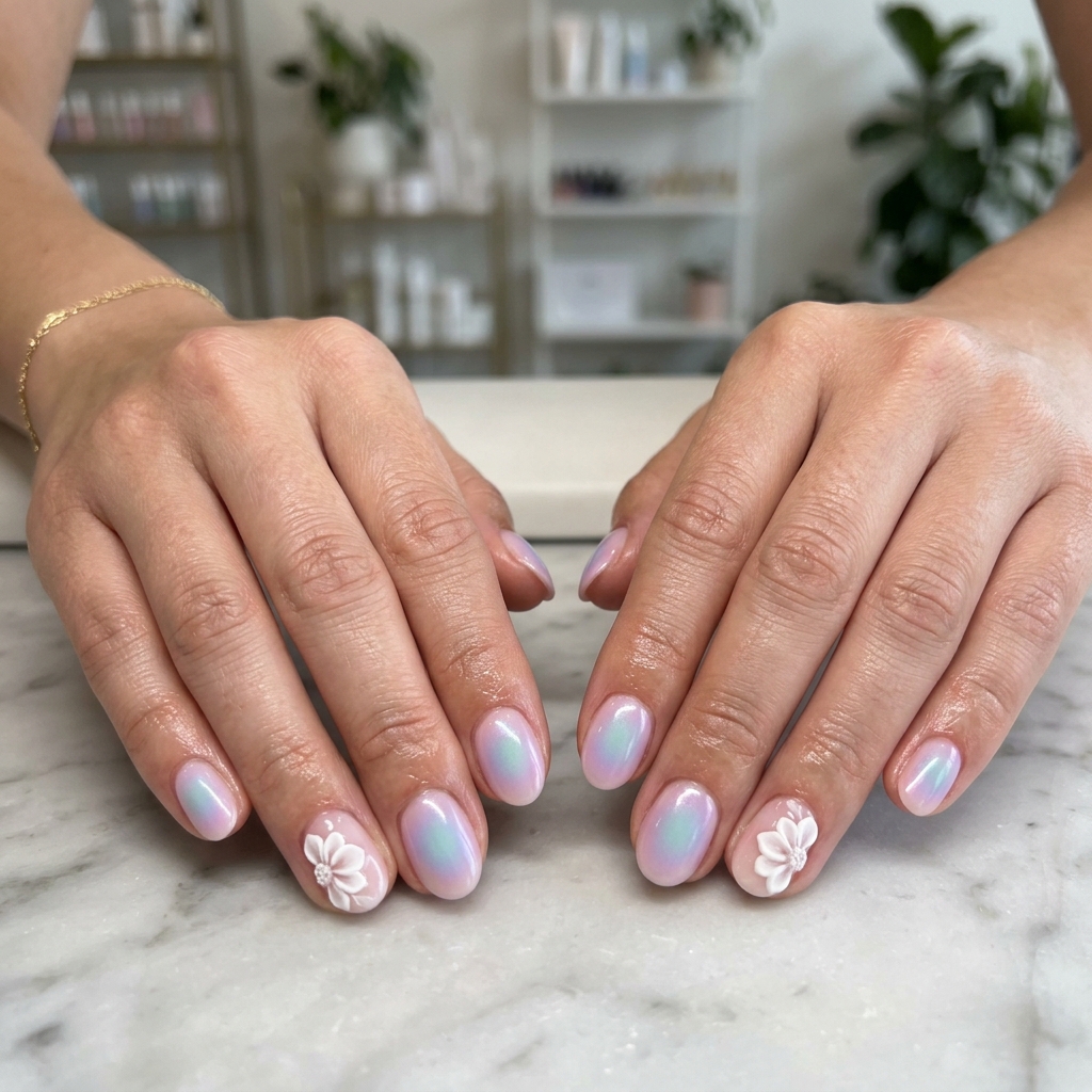 Ethereal Garden Nails - Summer Wedding Nails 2026 Ethereal Aura Garden nails for summer wedding nails 2026: sheer pink with pastel aura and 3D florals.